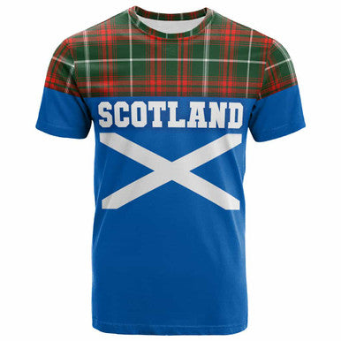 Scottish Prince of Wales Clan Tartan T-Shirt - Lion Rampant of Scotland With Flag Front Side Tartan Plaid