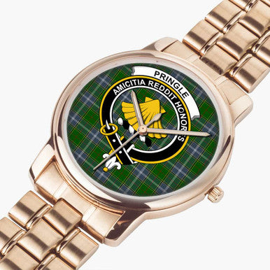 Scottish Pringle Clan Crest Tartan Folding Clasp Steel Quartz Watches Tartan Plaid Rose Gold 2