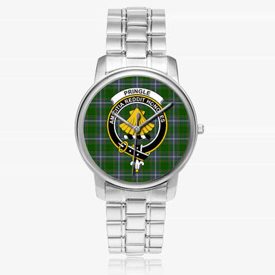 Scottish Pringle Clan Crest Tartan Folding Clasp Steel Quartz Watches Tartan Plaid Silver 1