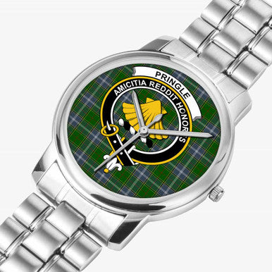 Scottish Pringle Clan Crest Tartan Folding Clasp Steel Quartz Watches Tartan Plaid Silver 2