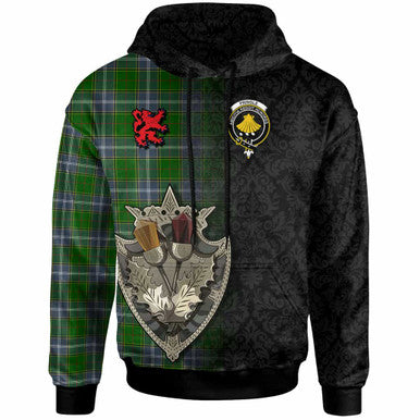 Scottish Pringle Clan Crest Tartan Hoodie - Half Thistle Flowers Celtic Design Front Side Tartan Plaid