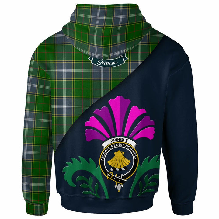 Scottish Pringle Clan Crest Tartan Hoodie - Scotland Thistle Style Back Side Tartan Plaid