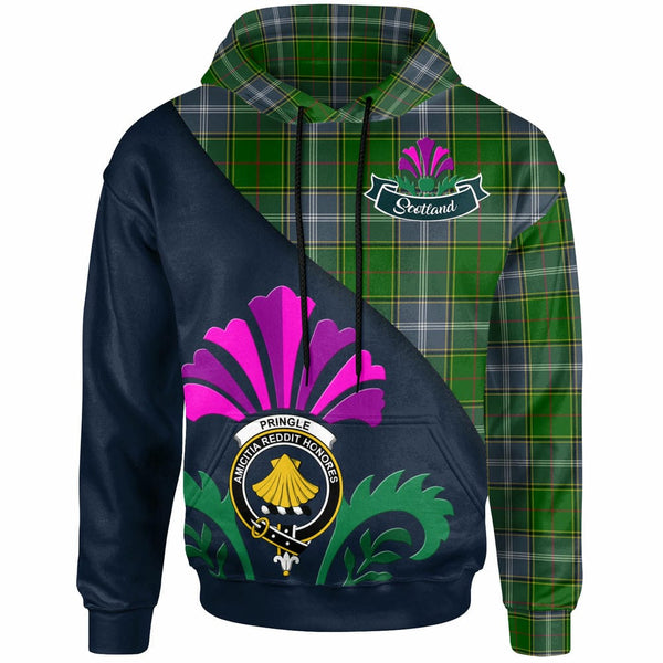 Scottish Pringle Clan Crest Tartan Hoodie - Scotland Thistle Style Front Side Tartan Plaid