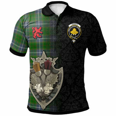 Scottish Pringle Clan Crest Tartan Polo Shirt - Half Thistle Flowers Celtic Design Front Side Tartan Plaid