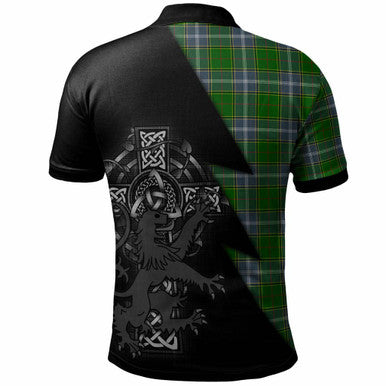 Scottish Pringle Clan Crest Tartan Polo Shirt - Lion Rampant Celtic Cross Flash Style Back Side Tartan Plaid