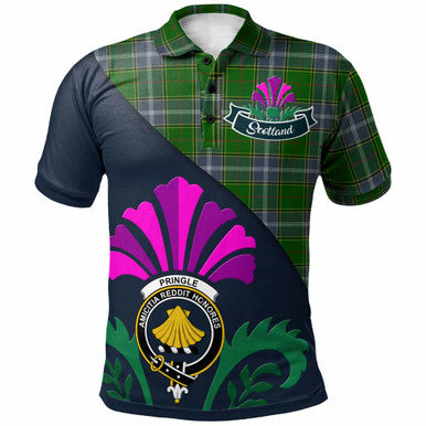 Scottish Pringle Clan Crest Tartan Polo Shirt - Scotland Thistle Style Front Side Tartan Plaid