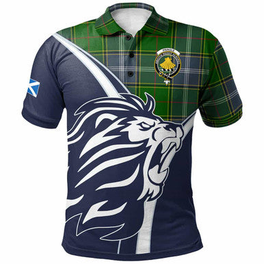 Scottish Pringle Clan Crest Tartan Polo Shirt - Scottish Flag With Lion Front Side Tartan Plaid