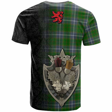 Scottish Pringle Clan Crest Tartan T-Shirt - Half Thistle Flowers Celtic Design Back Side Tartan Plaid