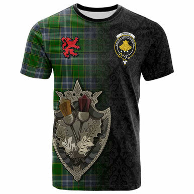 Scottish Pringle Clan Crest Tartan T-Shirt - Half Thistle Flowers Celtic Design Front Side Tartan Plaid