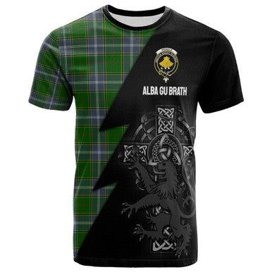 Scottish Pringle Clan Crest Tartan T-Shirt - Lion Rampant Celtic Cross Flash Style Front Side Tartan Plaid