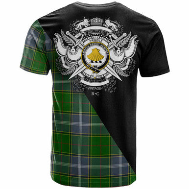 Scottish Pringle Clan Crest Tartan T-Shirt - Military Logo Back Side Tartan Plaid