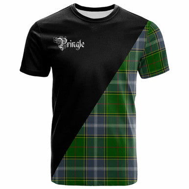 Scottish Pringle Clan Crest Tartan T-Shirt - Military Logo Front Side Tartan Plaid