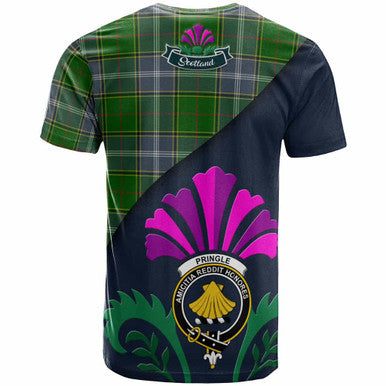 Scottish Pringle Clan Crest Tartan T-Shirt - Scotland Thistle Style Back Side Tartan Plaid