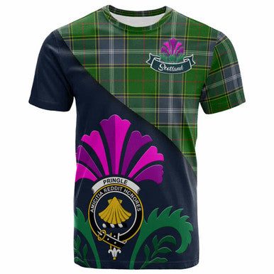 Scottish Pringle Clan Crest Tartan T-Shirt - Scotland Thistle Style Front Side Tartan Plaid