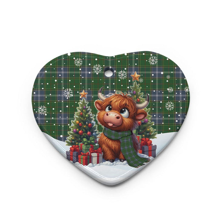 Scottish Pringle Clan Tartan Ceramic Ornament Cute Highland Cow Christmas Heart Style Tartan Plaid