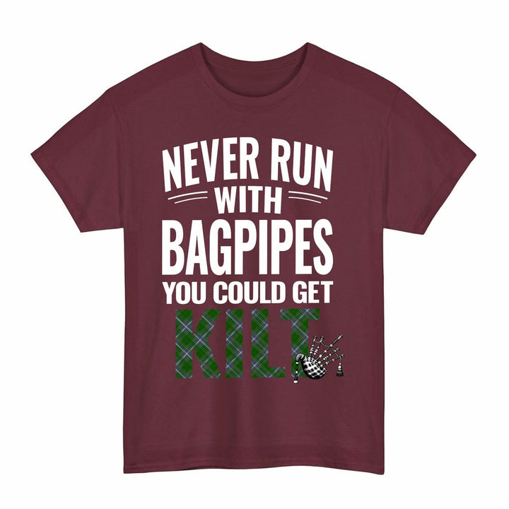 Scottish Pringle Clan Tartan Never Run With Bagpipes T-Shirt Tartan Plaid Maroon Color