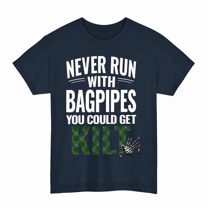 Scottish Pringle Clan Tartan Never Run With Bagpipes T-Shirt Tartan Plaid Navy Color