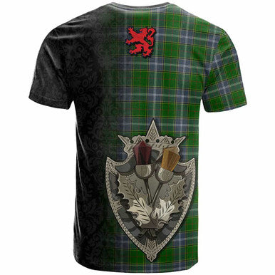 Scottish Pringle Clan Tartan T-Shirt - Half Thistle Flowers Celtic Design Back Side Tartan Plaid