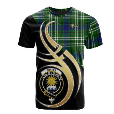 Scottish Purves Clan Crest Tartan T-Shirt Believe in Me Front Side Tartan Plaid