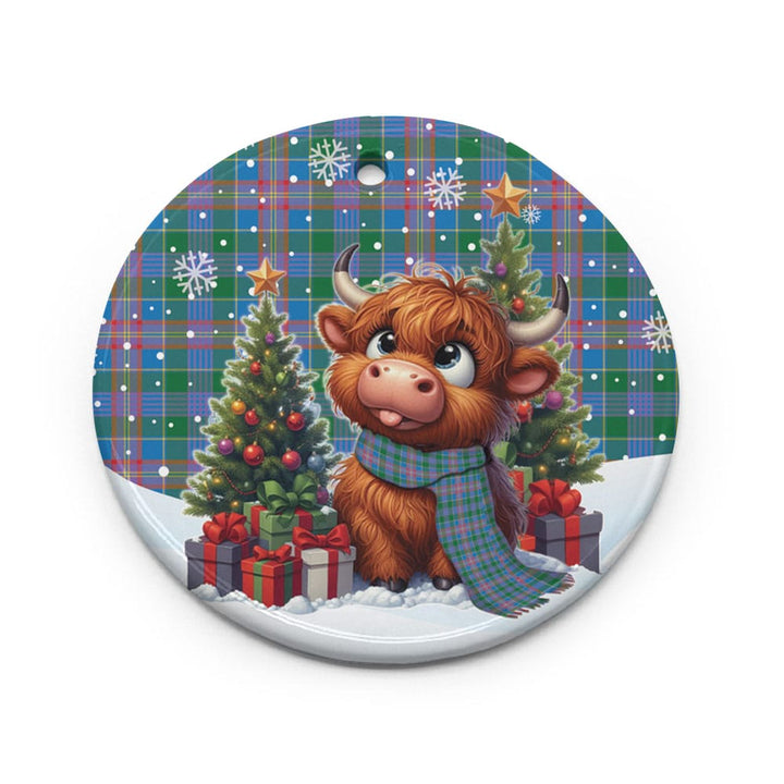 Scottish Ralston Clan Tartan Ceramic Ornament Cute Highland Cow Christmas Circle Style Tartan Plaid