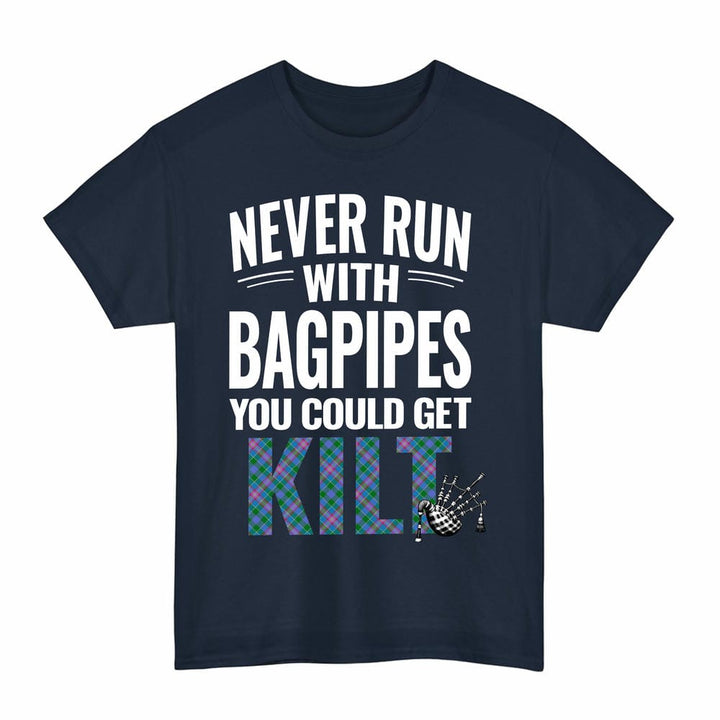Scottish Ralston Clan Tartan Never Run With Bagpipes T-Shirt Tartan Plaid Navy Color