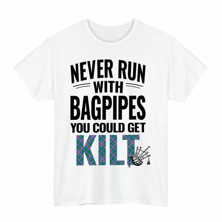 Scottish Ralston Clan Tartan Never Run With Bagpipes T-Shirt Tartan Plaid White Color