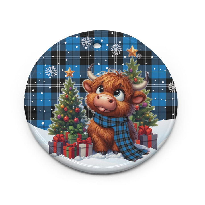 Scottish Ramsay Blue Ancient Clan Tartan Ceramic Ornament Cute Highland Cow Christmas Circle Style Tartan Plaid