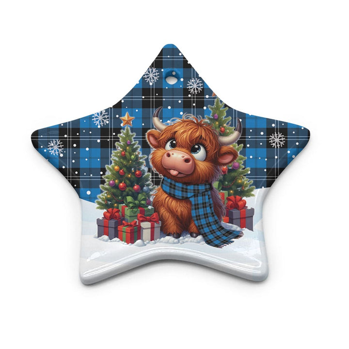 Scottish Ramsay Blue Ancient Clan Tartan Ceramic Ornament Cute Highland Cow Christmas Star Style Tartan Plaid