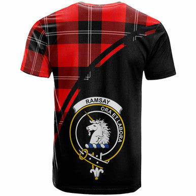 Scottish Ramsay Clan Crest Tartan Curve T-Shirt Back Side Tartan Plaid