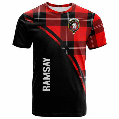 Scottish Ramsay Clan Crest Tartan Curve T-Shirt Front Side Tartan Plaid