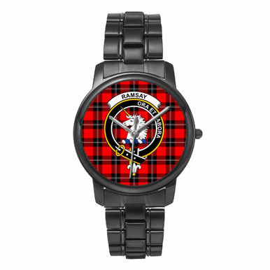 Scottish Ramsay Clan Crest Tartan Folding Clasp Steel Quartz Watches Tartan Plaid Black 1