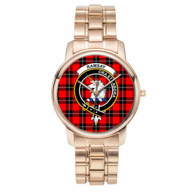 Scottish Ramsay Clan Crest Tartan Folding Clasp Steel Quartz Watches Tartan Plaid Rose Gold 1