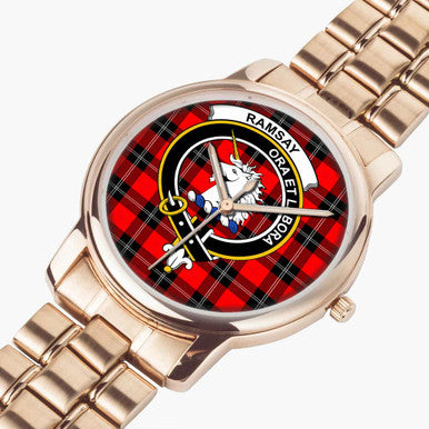 Scottish Ramsay Clan Crest Tartan Folding Clasp Steel Quartz Watches Tartan Plaid Rose Gold 2