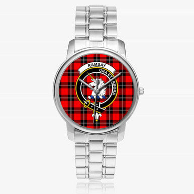 Scottish Ramsay Clan Crest Tartan Folding Clasp Steel Quartz Watches Tartan Plaid Silver 1