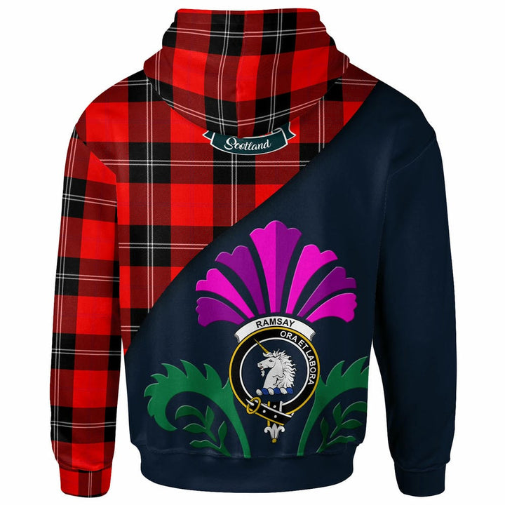Scottish Ramsay Clan Crest Tartan Hoodie - Scotland Thistle Style Back Side Tartan Plaid