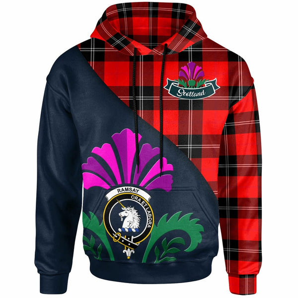 Scottish Ramsay Clan Crest Tartan Hoodie - Scotland Thistle Style Front Side Tartan Plaid