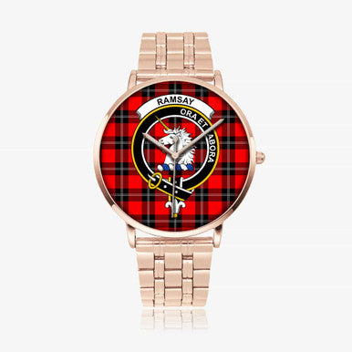 Scottish Ramsay Clan Crest Tartan Instafamous Steel Quartz Watches Tartan Plaid Rose Gold 1