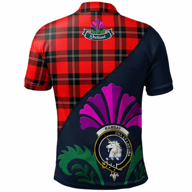 Scottish Ramsay Clan Crest Tartan Polo Shirt - Scotland Thistle Style Back Side Tartan Plaid
