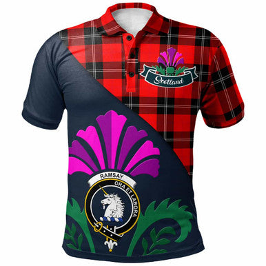 Scottish Ramsay Clan Crest Tartan Polo Shirt - Scotland Thistle Style Front Side Tartan Plaid