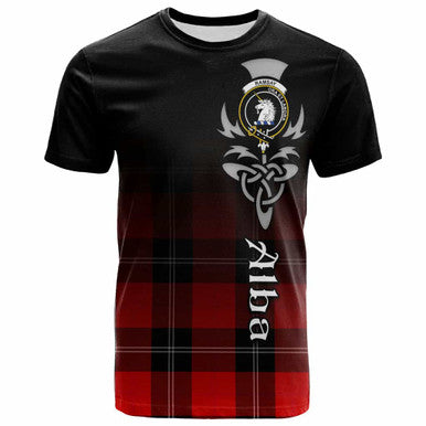 Scottish Ramsay Clan Crest Tartan T-Shirt - Alba Gu Brath Family Crest Celtic Inspired Front Side Tartan Plaid