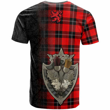 Scottish Ramsay Clan Crest Tartan T-Shirt - Half Thistle Flowers Celtic Design Back Side Tartan Plaid