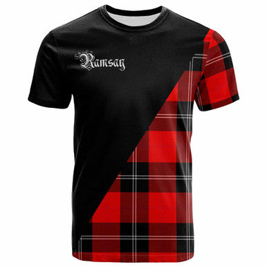 Scottish Ramsay Clan Crest Tartan T-Shirt - Military Logo Front Side Tartan Plaid