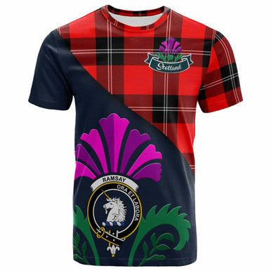 Scottish Ramsay Clan Crest Tartan T-Shirt - Scotland Thistle Style Front Side Tartan Plaid