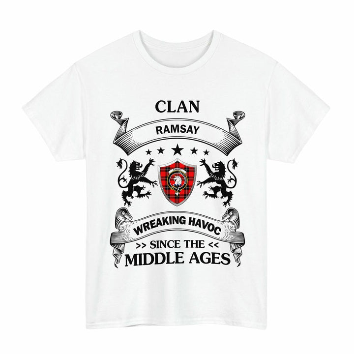 Scottish Ramsay Clan Crest Tartan T-Shirt Wreaking Havoc Design Tartan Plaid White Color