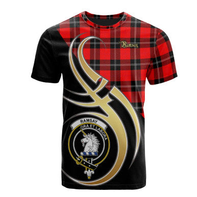 Scottish Ramsay Modern Clan Crest Tartan T-Shirt Believe in Me Front Side Tartan Plaid