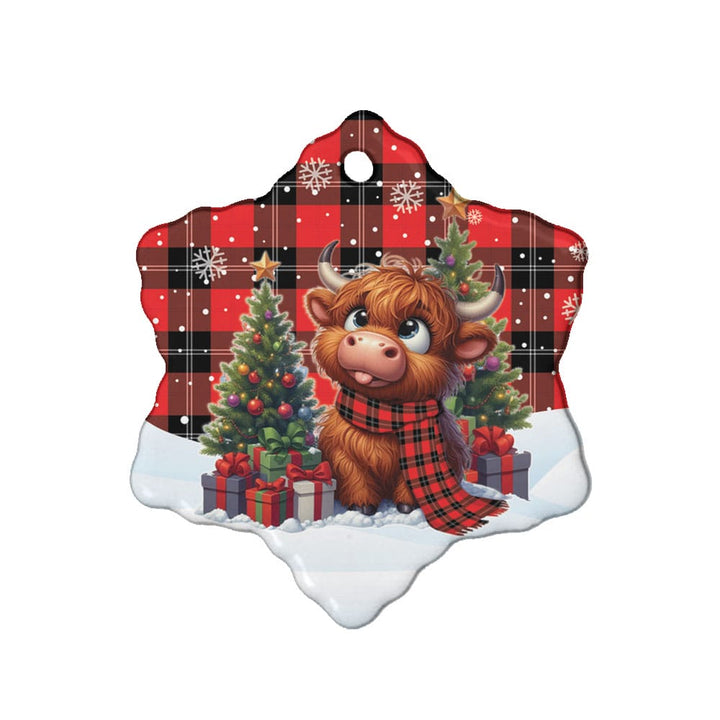 Scottish Ramsay Modern Clan Tartan Ceramic Ornament Cute Highland Cow Christmas Snow Flake Style Tartan Plaid