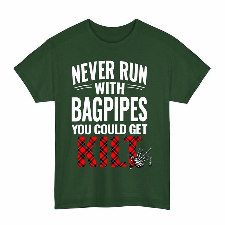 Scottish Ramsay Modern Clan Tartan Never Run With Bagpipes T-Shirt Tartan Plaid Forest Green Color