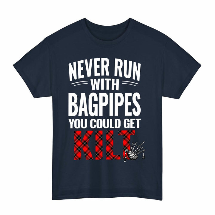 Scottish Ramsay Modern Clan Tartan Never Run With Bagpipes T-Shirt Tartan Plaid Navy Color