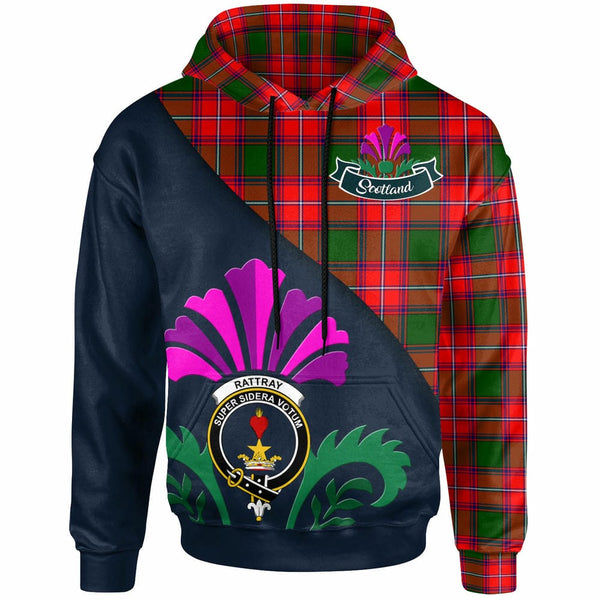 Scottish Rattray Clan Crest Tartan Hoodie - Scotland Thistle Style Front Side Tartan Plaid