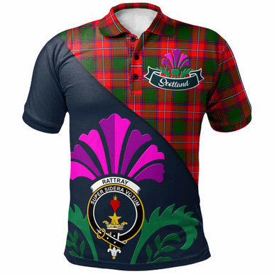 Scottish Rattray Clan Crest Tartan Polo Shirt - Scotland Thistle Style Front Side Tartan Plaid